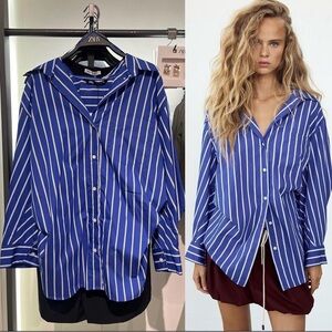Zara Navy and White Striped Blouse